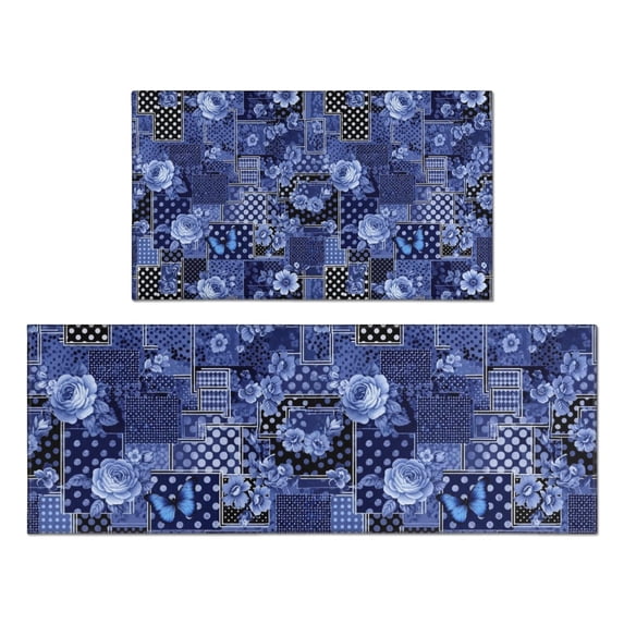 Pioneer Flower Floral Print Pattern Kitchen Rugs Sets Of 2, Anti Fatigue Non Slip Washable Floor Mats for Kitchen Sink Laundry, 17X30 Inch + 17X47 Inch