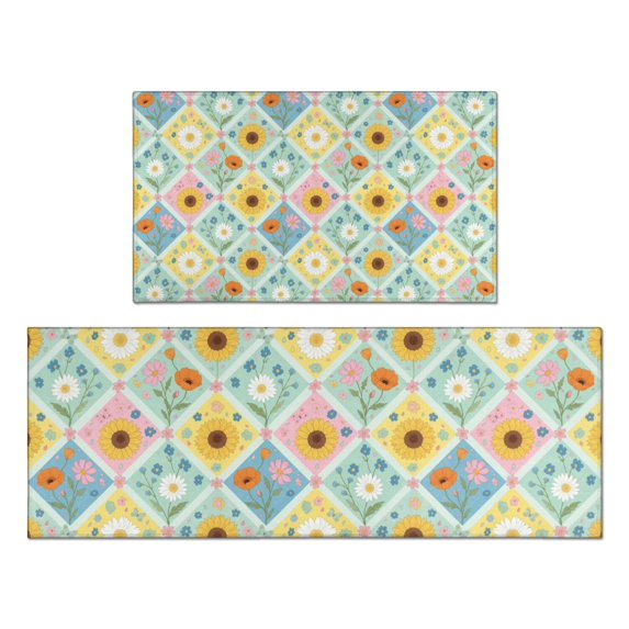 Pioneer Flower Floral Print Pattern Kitchen Rugs Sets Of 2, Anti Fatigue Non Slip Washable Floor Mats for Kitchen Sink Laundry, 17X30 Inch + 17X47 Inch