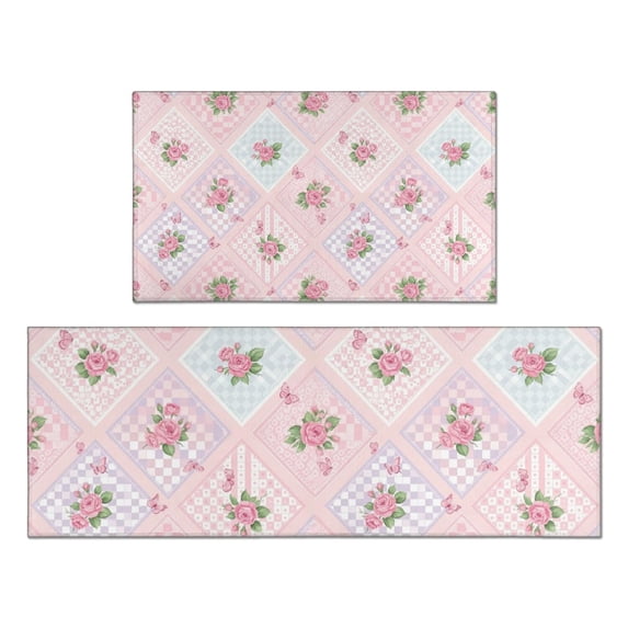 Pioneer Flower Floral Print Pattern Kitchen Rugs Sets Of 2, Anti Fatigue Non Slip Washable Floor Mats for Kitchen Sink Laundry, 17X30 Inch + 17X47 Inch