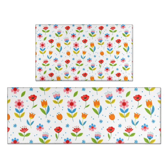 Pioneer Flower Floral Print Pattern Kitchen Rugs Sets Of 2, Anti Fatigue Non Slip Washable Floor Mats for Kitchen Sink Laundry, 17X30 Inch + 17X47 Inch