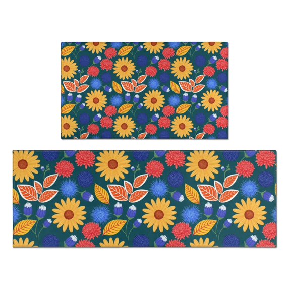 Pioneer Flower Floral Print Pattern Kitchen Rugs Sets Of 2, Anti Fatigue Non Slip Washable Floor Mats for Kitchen Sink Laundry, 17X30 Inch + 17X47 Inch