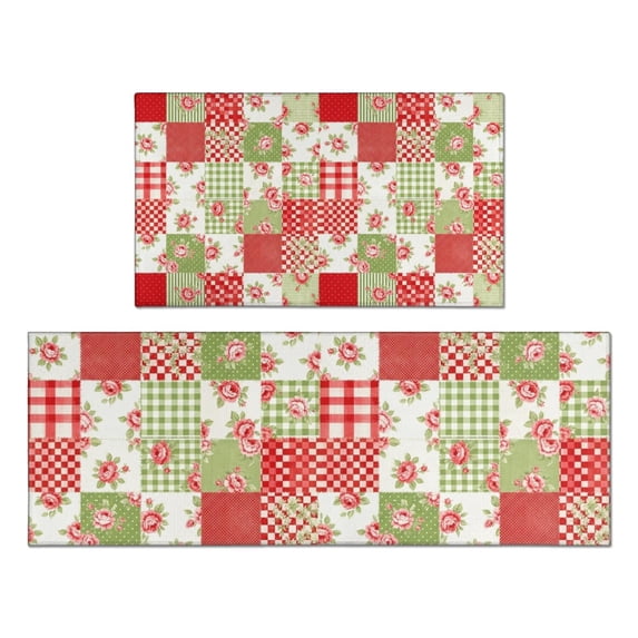 Pioneer Flower Floral Print Pattern Kitchen Rugs Sets Of 2, Anti Fatigue Non Slip Washable Floor Mats for Kitchen Sink Laundry, 17X30 Inch + 17X47 Inch