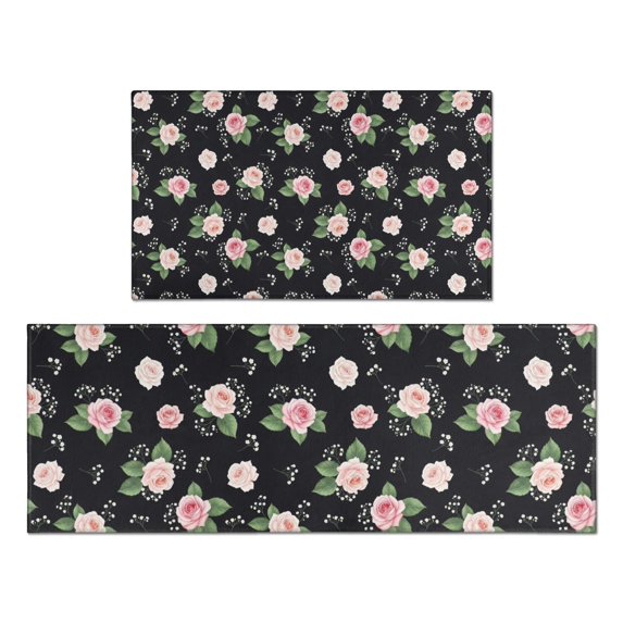Pioneer Flower Floral Print Pattern Kitchen Rugs Sets Of 2, Anti Fatigue Non Slip Washable Floor Mats for Kitchen Sink Laundry, 17X30 Inch + 17X47 Inch