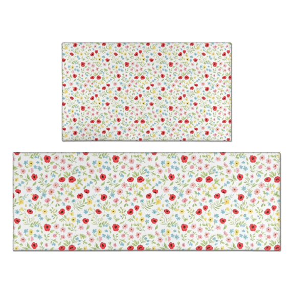 Pioneer Flower Floral Print Pattern Kitchen Rugs Sets Of 2, Anti Fatigue Non Slip Washable Floor Mats for Kitchen Sink Laundry, 17X30 Inch + 17X47 Inch