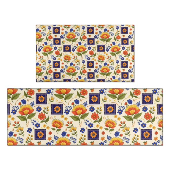 Pioneer Flower Floral Print Pattern Kitchen Rugs Sets Of 2, Anti Fatigue Non Slip Washable Floor Mats for Kitchen Sink Laundry, 17X30 Inch + 17X47 Inch