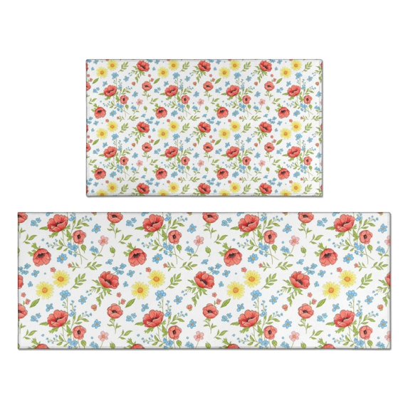 Pioneer Flower Floral Print Pattern Kitchen Rugs Sets Of 2, Anti Fatigue Non Slip Washable Floor Mats for Kitchen Sink Laundry, 17X30 Inch + 17X47 Inch
