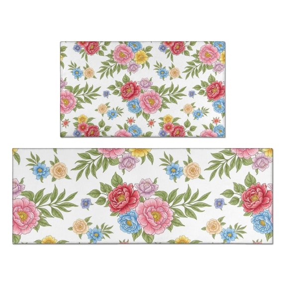 Pioneer Flower Floral Print Pattern Kitchen Rugs Sets Of 2, Anti Fatigue Non Slip Washable Floor Mats for Kitchen Sink Laundry, 17X30 Inch + 17X47 Inch