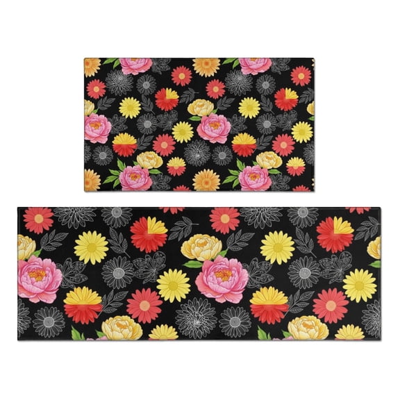 Pioneer Flower Floral Print Pattern Kitchen Rugs Sets Of 2, Anti Fatigue Non Slip Washable Floor Mats for Kitchen Sink Laundry, 17X30 Inch + 17X47 Inch
