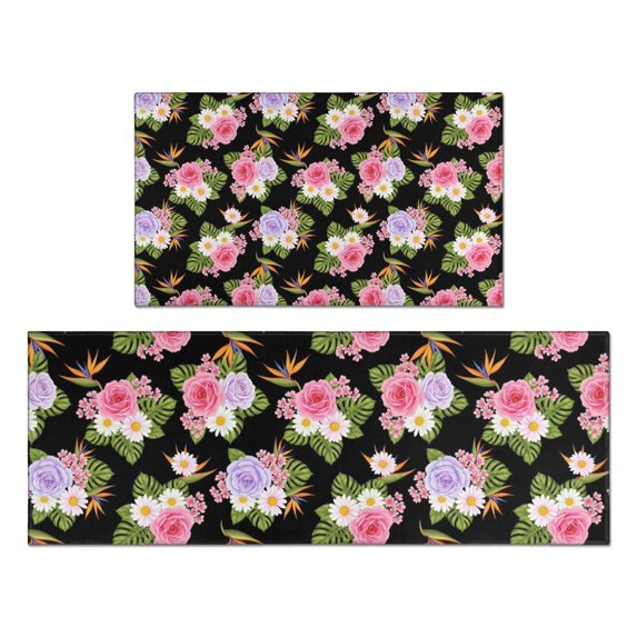 Pioneer Flower Floral Print Pattern Kitchen Rugs Sets Of 2, Anti Fatigue Non Slip Washable Floor Mats for Kitchen Sink Laundry, 17X30 Inch + 17X47 Inch