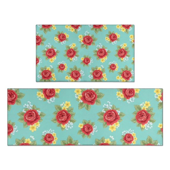 Pioneer Flower Floral Print Pattern Kitchen Rugs Sets Of 2, Anti Fatigue Non Slip Washable Floor Mats for Kitchen Sink Laundry, 17X30 Inch + 17X47 Inch