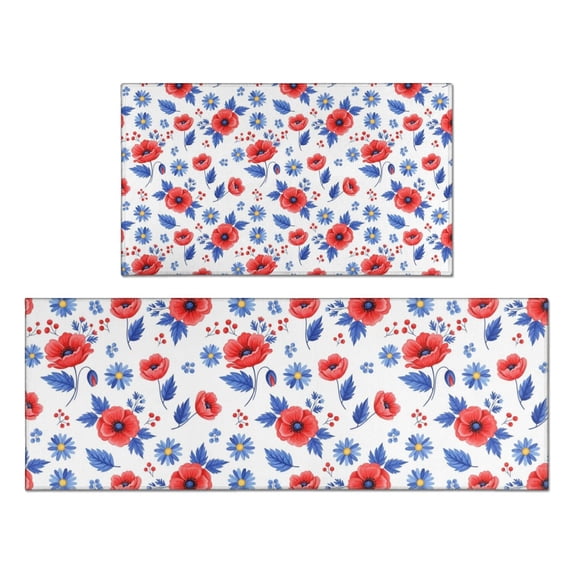 Pioneer Flower Floral Print Pattern Kitchen Rugs Sets Of 2, Anti Fatigue Non Slip Washable Floor Mats for Kitchen Sink Laundry, 17X30 Inch + 17X47 Inch