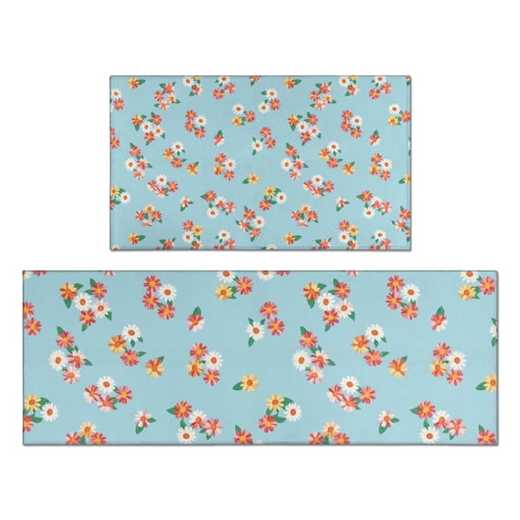 Pioneer Flower Floral Print Pattern Kitchen Rugs Sets Of 2, Anti Fatigue Non Slip Washable Floor Mats for Kitchen Sink Laundry, 17X30 Inch + 17X47 Inch