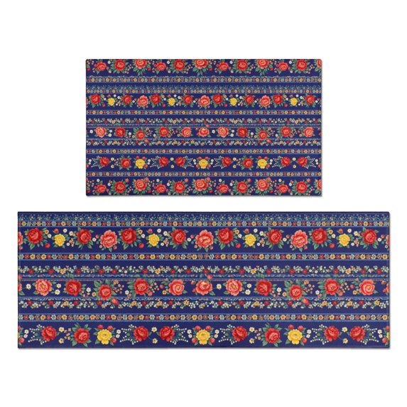 Pioneer Flower Floral Print Pattern Kitchen Rugs Sets Of 2, Anti Fatigue Non Slip Washable Floor Mats for Kitchen Sink Laundry, 17X30 Inch + 17X47 Inch