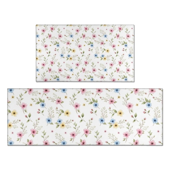 Pioneer Flower Floral Print Pattern Kitchen Rugs Sets Of 2, Anti Fatigue Non Slip Washable Floor Mats for Kitchen Sink Laundry, 17X30 Inch + 17X47 Inch