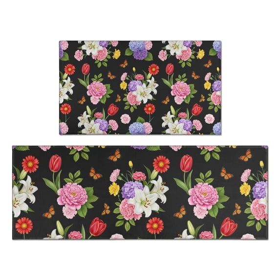 Pioneer Flower Floral Print Pattern Kitchen Rugs Sets Of 2, Anti Fatigue Non Slip Washable Floor Mats for Kitchen Sink Laundry, 17X30 Inch + 17X47 Inch