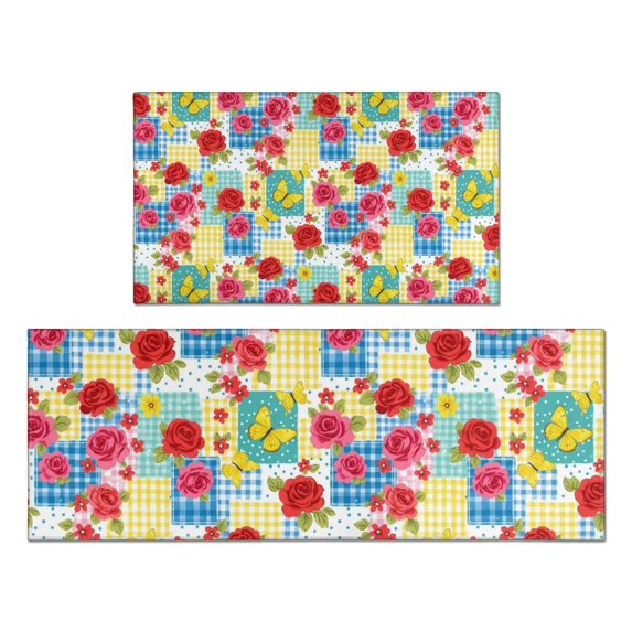Pioneer Flower Floral Print Pattern Kitchen Rugs Sets Of 2, Anti Fatigue Non Slip Washable Floor Mats for Kitchen Sink Laundry, 17X30 Inch + 17X47 Inch