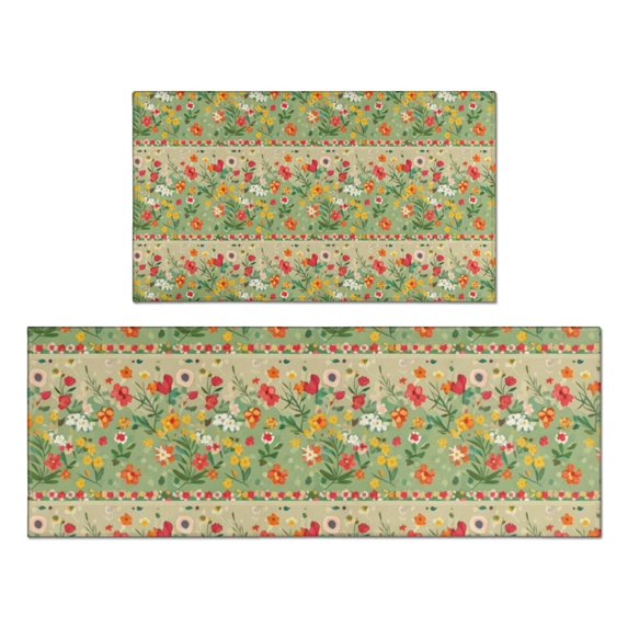 Pioneer Flower Floral Print Pattern Kitchen Rugs Sets Of 2, Anti Fatigue Non Slip Washable Floor Mats for Kitchen Sink Laundry, 17X30 Inch + 17X47 Inch