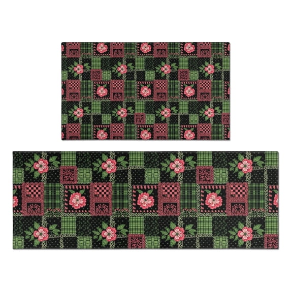 Pioneer Flower Floral Print Pattern Kitchen Rugs Sets Of 2, Anti Fatigue Non Slip Washable Floor Mats for Kitchen Sink Laundry, 17X30 Inch + 17X47 Inch