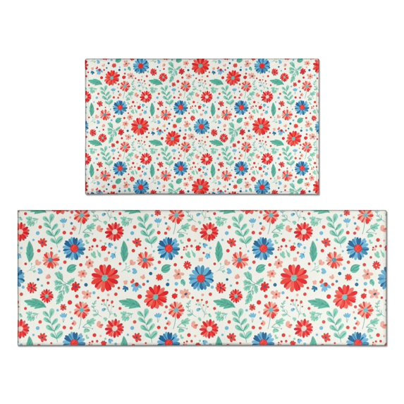 Pioneer Flower Floral Print Pattern Kitchen Rugs Sets Of 2, Anti Fatigue Non Slip Washable Floor Mats for Kitchen Sink Laundry, 17X30 Inch + 17X47 Inch