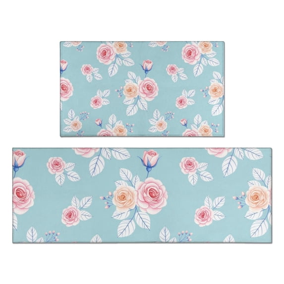 Pioneer Flower Floral Print Pattern Kitchen Rugs Sets Of 2, Anti Fatigue Non Slip Washable Floor Mats for Kitchen Sink Laundry, 17X30 Inch + 17X47 Inch