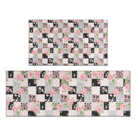 Pioneer Flower Floral Print Pattern Kitchen Rugs Sets Of 2, Anti Fatigue Non Slip Washable Floor Mats for Kitchen Sink Laundry, 17X30 Inch + 17X47 Inch