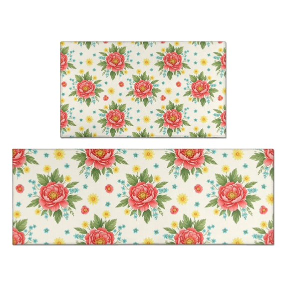 Pioneer Flower Floral Print Pattern Kitchen Rugs Sets Of 2, Anti Fatigue Non Slip Washable Floor Mats for Kitchen Sink Laundry, 17X30 Inch + 17X47 Inch
