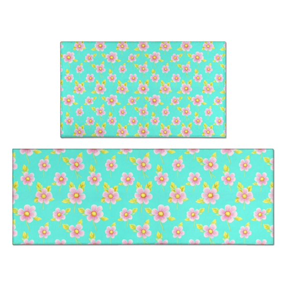 Pioneer Flower Floral Print Pattern Kitchen Rugs Sets Of 2, Anti Fatigue Non Slip Washable Floor Mats for Kitchen Sink Laundry, 17X30 Inch + 17X47 Inch