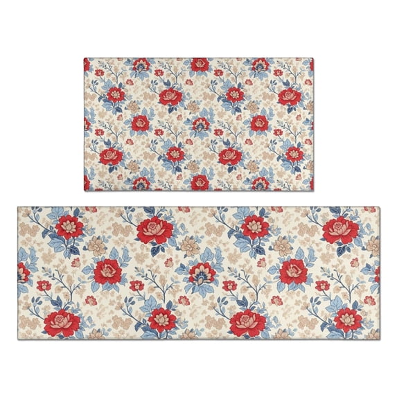 Pioneer Flower Floral Print Pattern Kitchen Rugs Sets Of 2, Anti Fatigue Non Slip Washable Floor Mats for Kitchen Sink Laundry, 17X30 Inch + 17X47 Inch