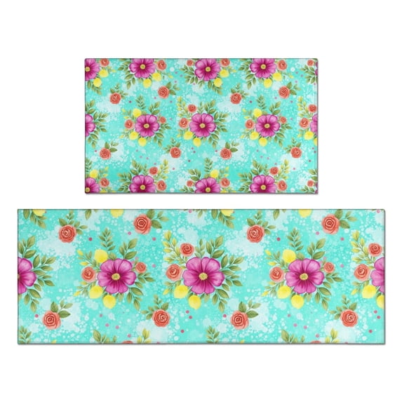 Pioneer Flower Floral Print Pattern Kitchen Rugs Sets Of 2, Anti Fatigue Non Slip Washable Floor Mats for Kitchen Sink Laundry, 17X30 Inch + 17X47 Inch