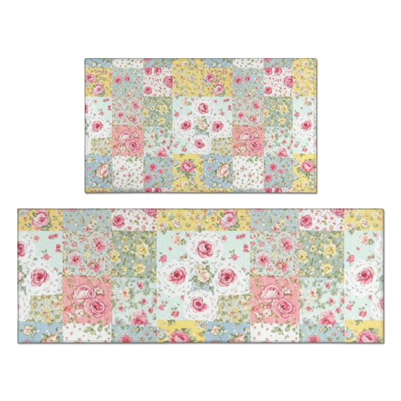 Pioneer Flower Floral Print Pattern Kitchen Rugs Sets Of 2, Anti Fatigue Non Slip Washable Floor Mats for Kitchen Sink Laundry, 17X30 Inch + 17X47 Inch