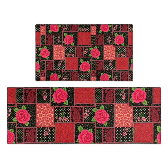 Pioneer Flower Floral Print Pattern Kitchen Rugs Sets Of 2, Anti Fatigue Non Slip Washable Floor Mats for Kitchen Sink Laundry, 17X30 Inch + 17X47 Inch