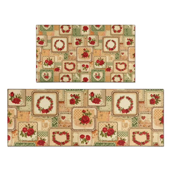 Pioneer Flower Floral Print Pattern Kitchen Rugs Sets Of 2, Anti Fatigue Non Slip Washable Floor Mats for Kitchen Sink Laundry, 17X30 Inch + 17X47 Inch