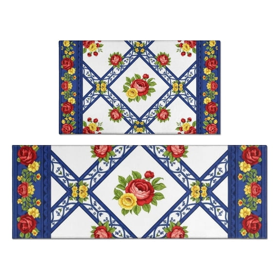 Pioneer Flower Floral Print Pattern Kitchen Rugs Sets Of 2, Anti Fatigue Non Slip Washable Floor Mats for Kitchen Sink Laundry, 17X30 Inch + 17X47 Inch