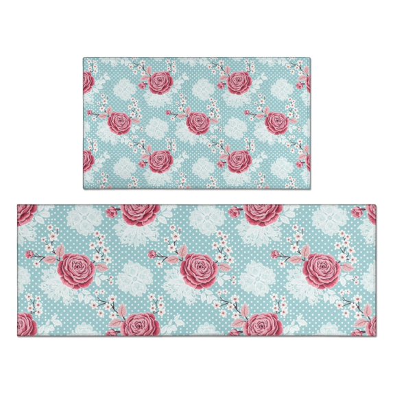 Pioneer Flower Floral Print Pattern Kitchen Rugs Sets Of 2, Anti Fatigue Non Slip Washable Floor Mats for Kitchen Sink Laundry, 17X30 Inch + 17X47 Inch