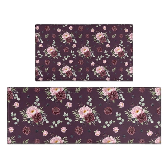 Pioneer Flower Floral Print Pattern Kitchen Rugs Sets Of 2, Anti Fatigue Non Slip Washable Floor Mats for Kitchen Sink Laundry, 17X30 Inch + 17X47 Inch