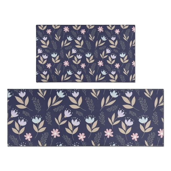 Pioneer Flower Floral Print Pattern Kitchen Rugs Sets Of 2, Anti Fatigue Non Slip Washable Floor Mats for Kitchen Sink Laundry, 17X30 Inch + 17X47 Inch