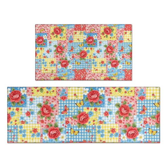 Pioneer Flower Floral Print Pattern Kitchen Rugs Sets Of 2, Anti Fatigue Non Slip Washable Floor Mats for Kitchen Sink Laundry, 17X30 Inch + 17X47 Inch