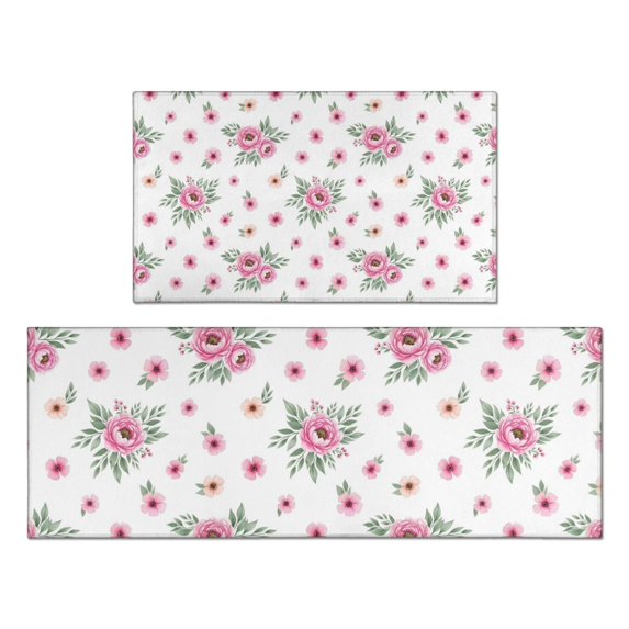 Pioneer Flower Floral Print Pattern Kitchen Rugs Sets Of 2, Anti Fatigue Non Slip Washable Floor Mats for Kitchen Sink Laundry, 17X30 Inch + 17X47 Inch