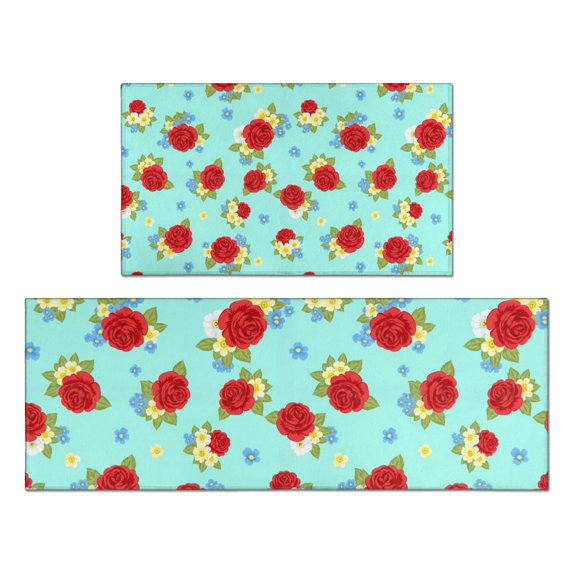 Pioneer Flower Floral Print Pattern Kitchen Rugs Sets Of 2, Anti Fatigue Non Slip Washable Floor Mats for Kitchen Sink Laundry, 17X30 Inch + 17X47 Inch