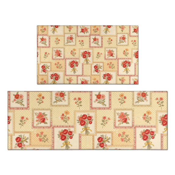 Pioneer Flower Floral Print Pattern Kitchen Rugs Sets Of 2, Anti Fatigue Non Slip Washable Floor Mats for Kitchen Sink Laundry, 17X30 Inch + 17X47 Inch