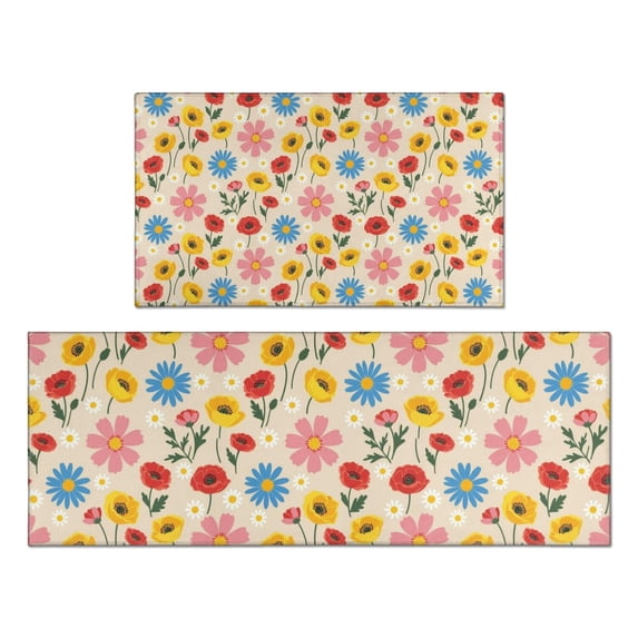 Pioneer Flower Floral Print Pattern Kitchen Rugs Sets Of 2, Anti Fatigue Non Slip Washable Floor Mats for Kitchen Sink Laundry, 17X30 Inch + 17X47 Inch