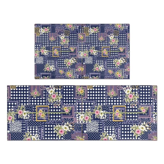 Pioneer Flower Floral Print Pattern Kitchen Rugs Sets Of 2, Anti Fatigue Non Slip Washable Floor Mats for Kitchen Sink Laundry, 17X30 Inch + 17X47 Inch
