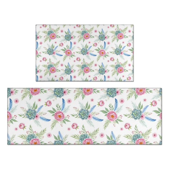 Pioneer Flower Floral Print Pattern Kitchen Rugs Sets Of 2, Anti Fatigue Non Slip Washable Floor Mats for Kitchen Sink Laundry, 17X30 Inch + 17X47 Inch