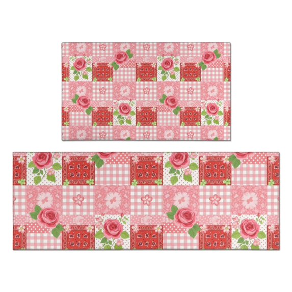Pioneer Flower Floral Print Pattern Kitchen Rugs Sets Of 2, Anti Fatigue Non Slip Washable Floor Mats for Kitchen Sink Laundry, 17X30 Inch + 17X47 Inch