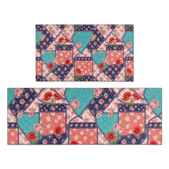 Pioneer Flower Floral Print Pattern Kitchen Rugs Sets Of 2, Anti Fatigue Non Slip Washable Floor Mats for Kitchen Sink Laundry, 17X30 Inch + 17X47 Inch