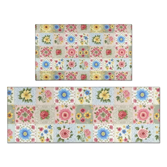 Pioneer Flower Floral Print Pattern Kitchen Rugs Sets Of 2, Anti Fatigue Non Slip Washable Floor Mats for Kitchen Sink Laundry, 17X30 Inch + 17X47 Inch