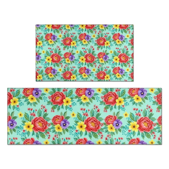 Pioneer Flower Floral Print Pattern Kitchen Rugs Sets Of 2, Anti Fatigue Non Slip Washable Floor Mats for Kitchen Sink Laundry, 17X30 Inch + 17X47 Inch