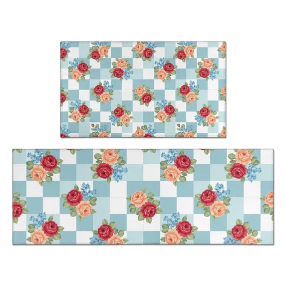 Pioneer Flower Floral Print Pattern Kitchen Rugs Sets Of 2, Anti Fatigue Non Slip Washable Floor Mats for Kitchen Sink Laundry, 17X30 Inch + 17X47 Inch