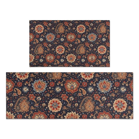 Pioneer Flower Floral Print Pattern Kitchen Rugs Sets Of 2, Anti Fatigue Non Slip Washable Floor Mats for Kitchen Sink Laundry, 17X30 Inch + 17X47 Inch