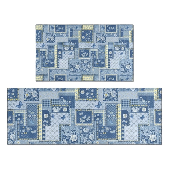 Pioneer Flower Floral Print Pattern Kitchen Rugs Sets Of 2, Anti Fatigue Non Slip Washable Floor Mats for Kitchen Sink Laundry, 17X30 Inch + 17X47 Inch